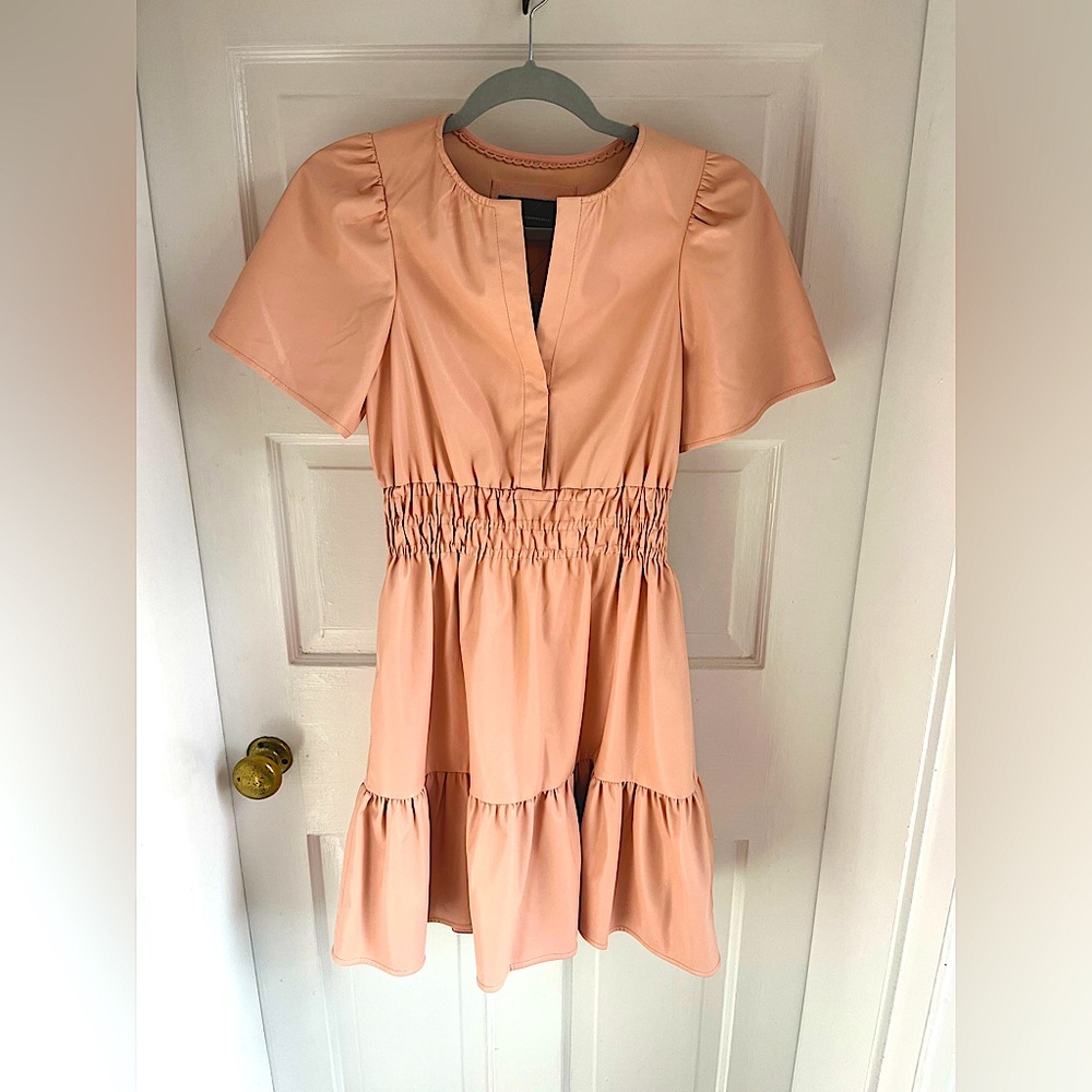 Anthropologie pink/salmon faux leather cinch waist dress w/pockets size xxs NWT